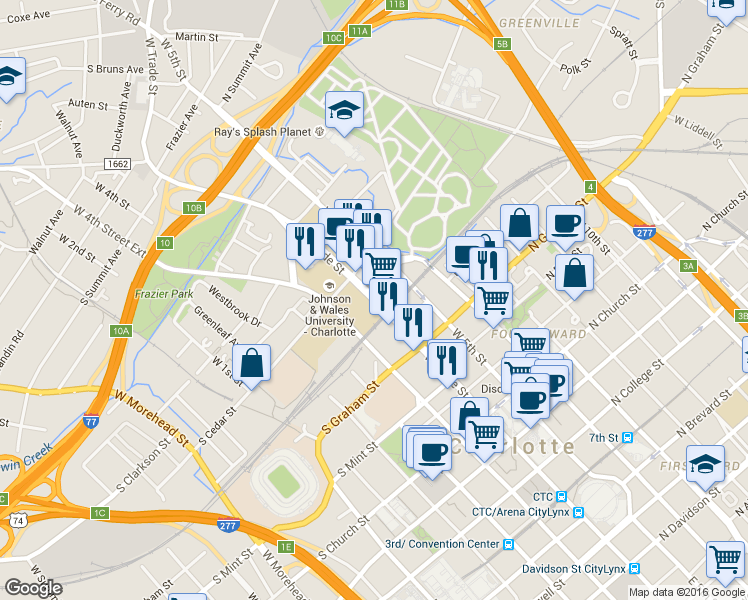 map of restaurants, bars, coffee shops, grocery stores, and more near in Charlotte