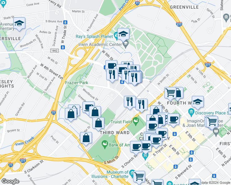 map of restaurants, bars, coffee shops, grocery stores, and more near in Charlotte