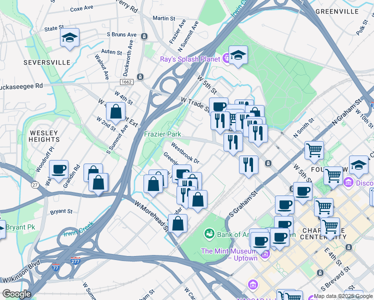 map of restaurants, bars, coffee shops, grocery stores, and more near 912 Westbrook Drive in Charlotte
