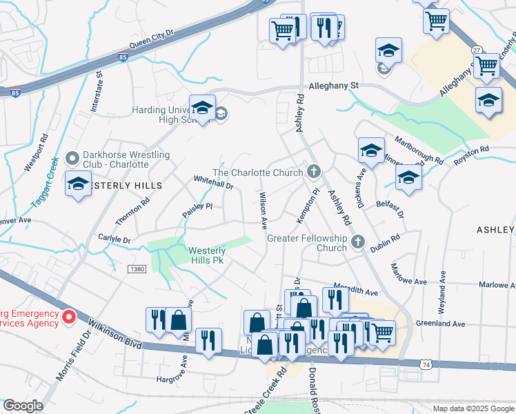 map of restaurants, bars, coffee shops, grocery stores, and more near 2120 Wilson Avenue in Charlotte