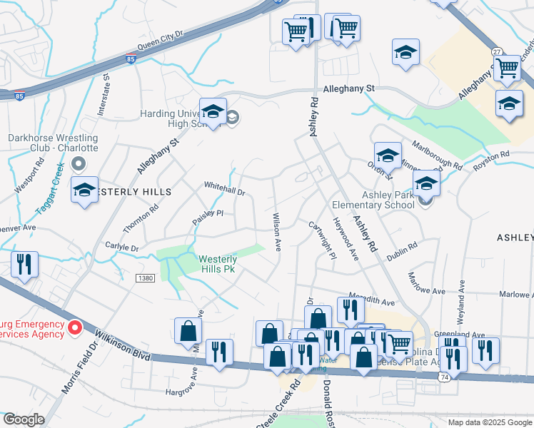 map of restaurants, bars, coffee shops, grocery stores, and more near 2120 Wilson Avenue in Charlotte