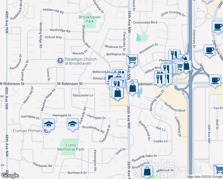 map of restaurants, bars, coffee shops, grocery stores, and more near 114 Brookhaven Boulevard in Norman