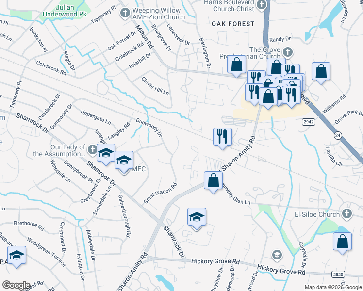 map of restaurants, bars, coffee shops, grocery stores, and more near 5522 Great Wagon Road in Charlotte