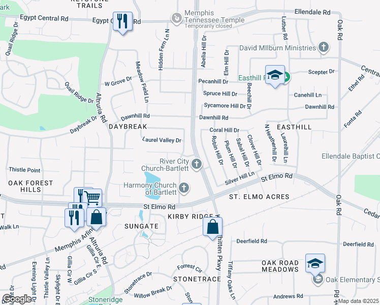 map of restaurants, bars, coffee shops, grocery stores, and more near 6746 Booth Forrest Drive in Bartlett