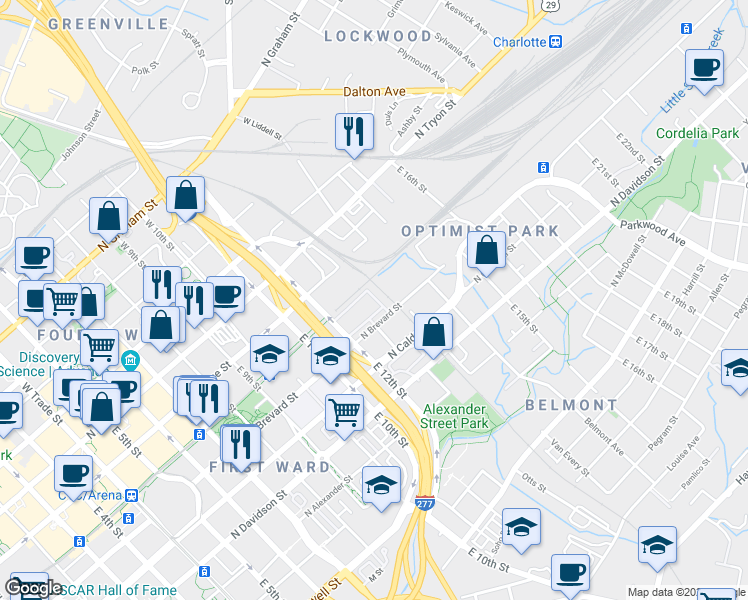 map of restaurants, bars, coffee shops, grocery stores, and more near 316 Alpha Mill Lane in Charlotte