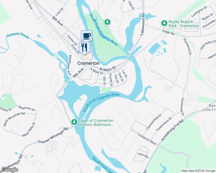 map of restaurants, bars, coffee shops, grocery stores, and more near 75 Riverside Drive in Cramerton