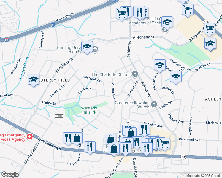 map of restaurants, bars, coffee shops, grocery stores, and more near 3707 Joy Street in Charlotte