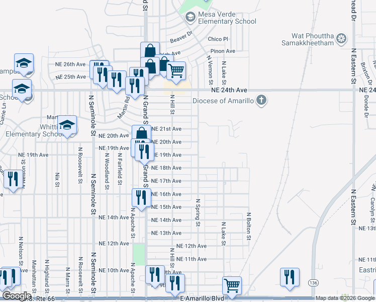 map of restaurants, bars, coffee shops, grocery stores, and more near 3817 Northeast 19th Avenue in Amarillo
