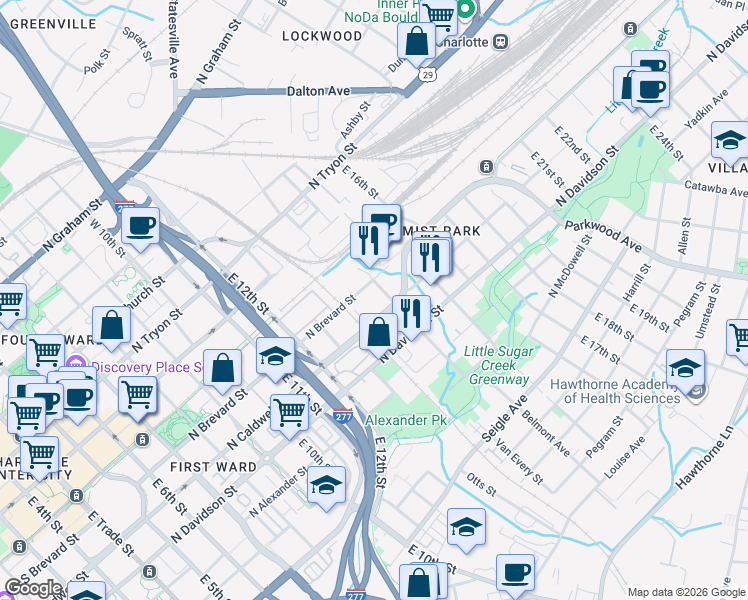 map of restaurants, bars, coffee shops, grocery stores, and more near in Charlotte