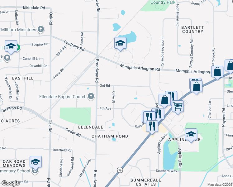 map of restaurants, bars, coffee shops, grocery stores, and more near 3894 Olive Street in Memphis
