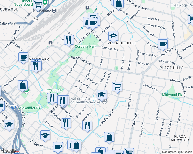 map of restaurants, bars, coffee shops, grocery stores, and more near 1620 Allen Street in Charlotte