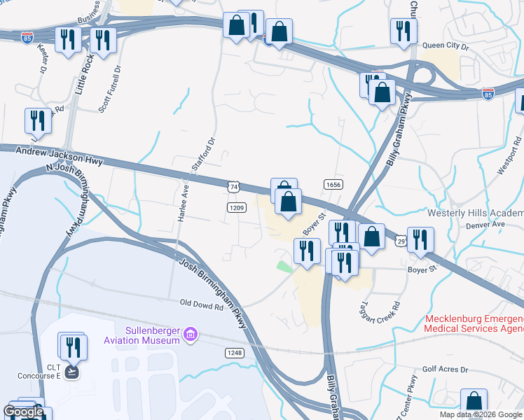 map of restaurants, bars, coffee shops, grocery stores, and more near 2321 Newberry Street in Charlotte