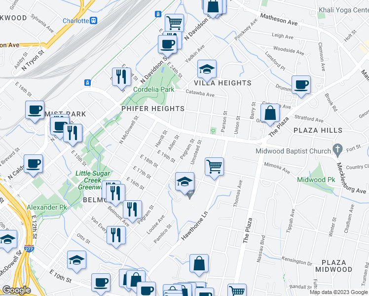 map of restaurants, bars, coffee shops, grocery stores, and more near 1705 Pegram Street in Charlotte