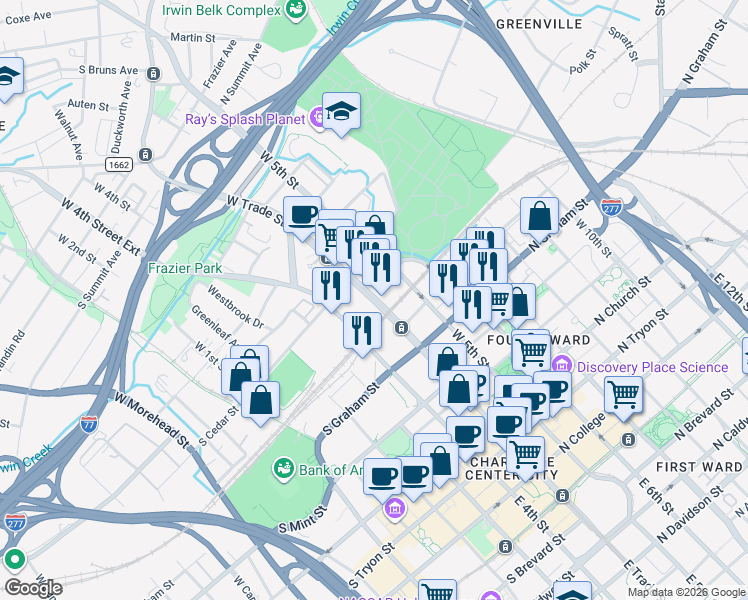 map of restaurants, bars, coffee shops, grocery stores, and more near in Charlotte