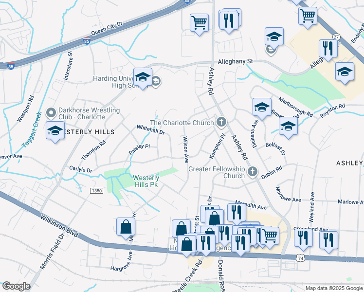 map of restaurants, bars, coffee shops, grocery stores, and more near 3707 Joy Street in Charlotte
