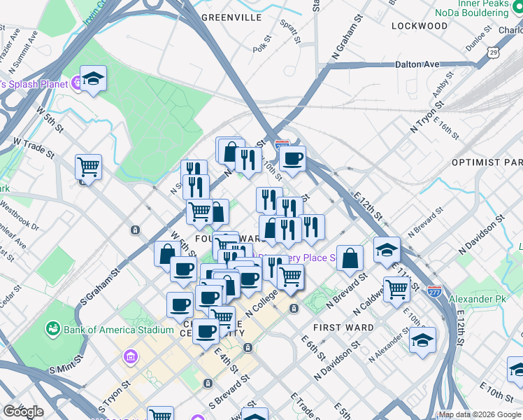 map of restaurants, bars, coffee shops, grocery stores, and more near 520 North Poplar Street in Charlotte