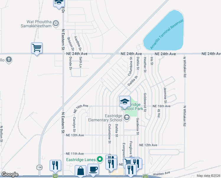 map of restaurants, bars, coffee shops, grocery stores, and more near 1700-1798 Columbine Street in Amarillo