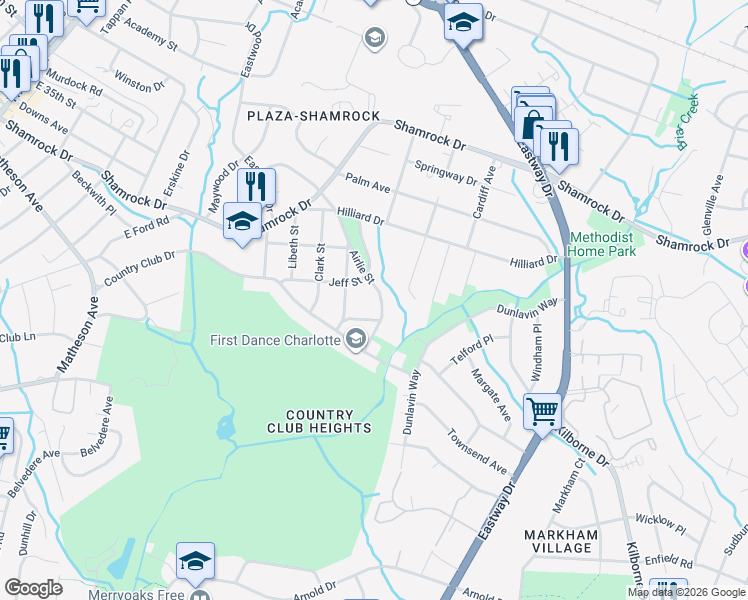 map of restaurants, bars, coffee shops, grocery stores, and more near 3114 Airlie Street in Charlotte