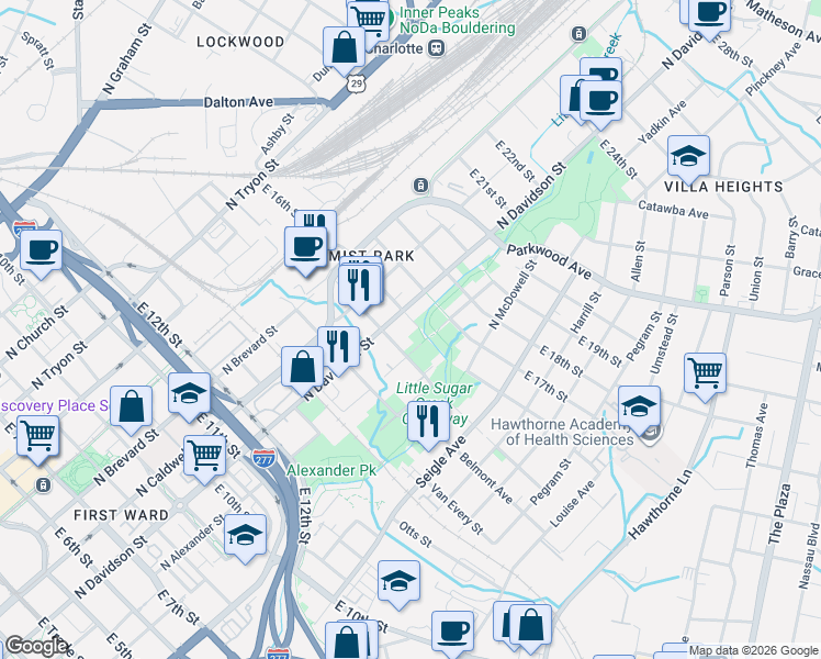 map of restaurants, bars, coffee shops, grocery stores, and more near in Charlotte
