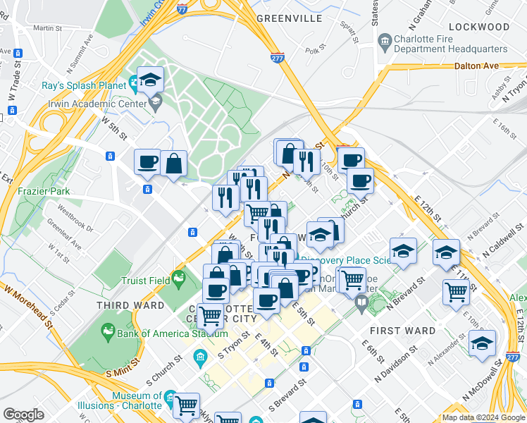map of restaurants, bars, coffee shops, grocery stores, and more near 420 West 6th Street in Charlotte