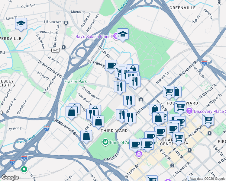 map of restaurants, bars, coffee shops, grocery stores, and more near in Charlotte