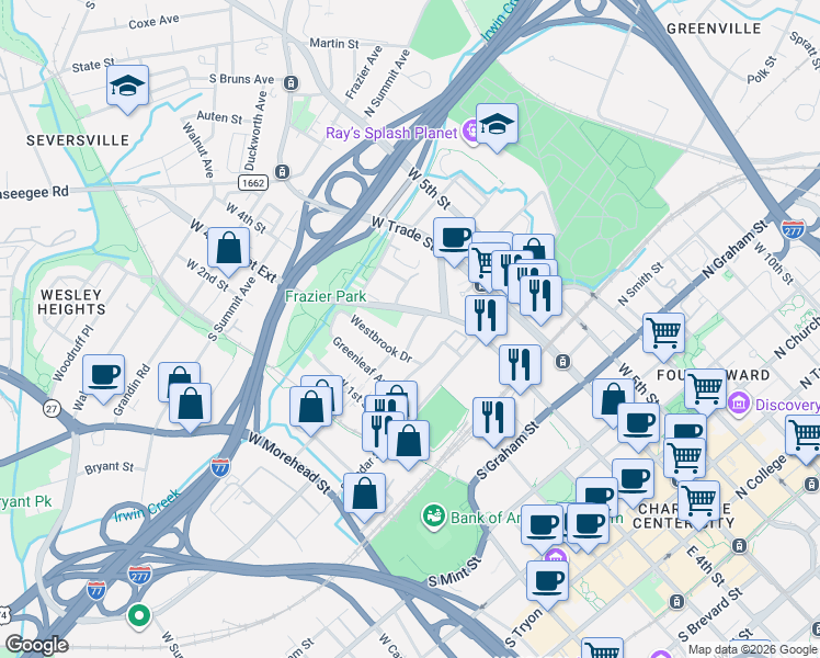 map of restaurants, bars, coffee shops, grocery stores, and more near in Charlotte