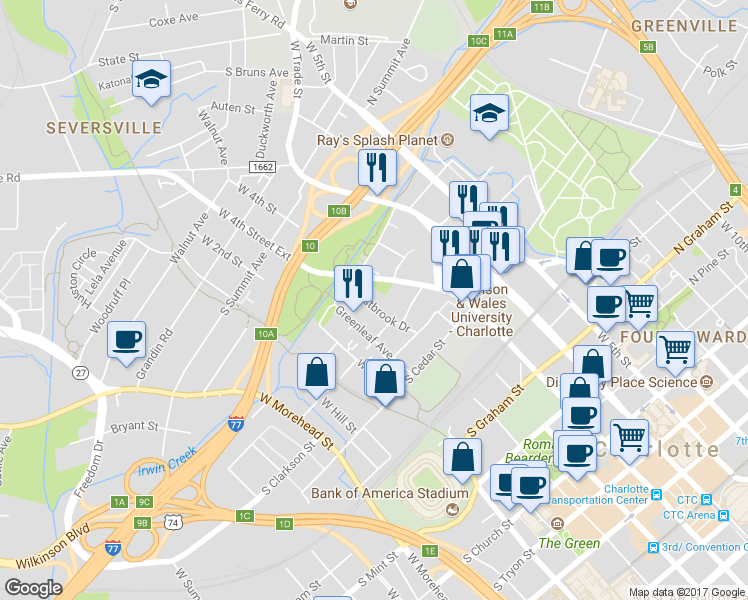 map of restaurants, bars, coffee shops, grocery stores, and more near 912 Westbrook Drive in Charlotte