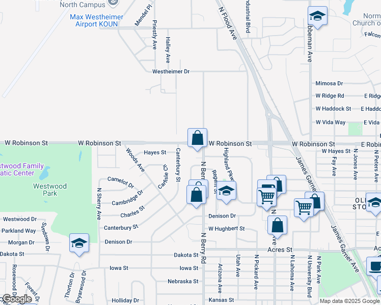 map of restaurants, bars, coffee shops, grocery stores, and more near 1118 North Berry Road in Norman