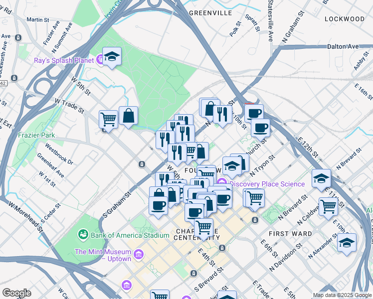 map of restaurants, bars, coffee shops, grocery stores, and more near 420 West 6th Street in Charlotte