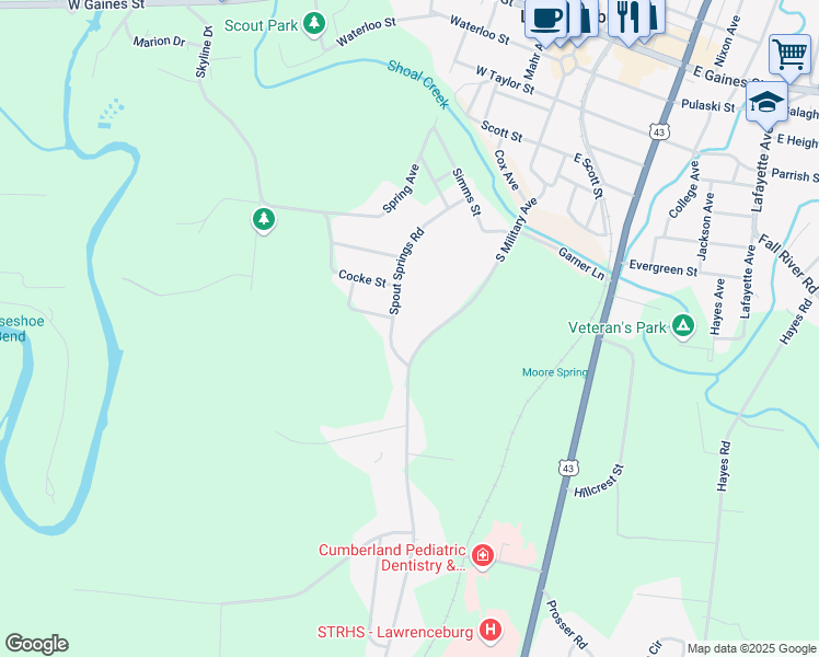 map of restaurants, bars, coffee shops, grocery stores, and more near 901 Spout Springs Road in Lawrenceburg