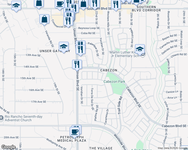 map of restaurants, bars, coffee shops, grocery stores, and more near 1516 Luz De Sol Drive Southeast in Rio Rancho
