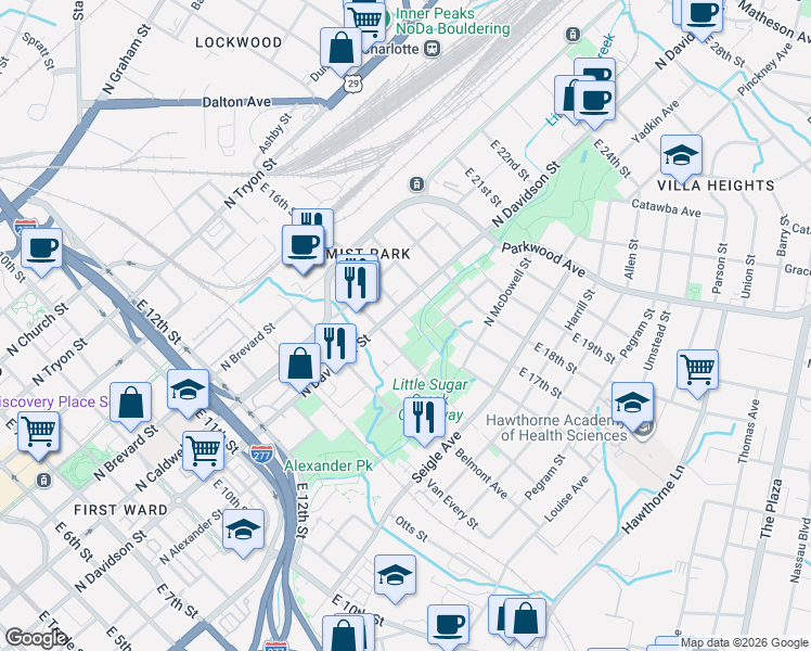 map of restaurants, bars, coffee shops, grocery stores, and more near in Charlotte