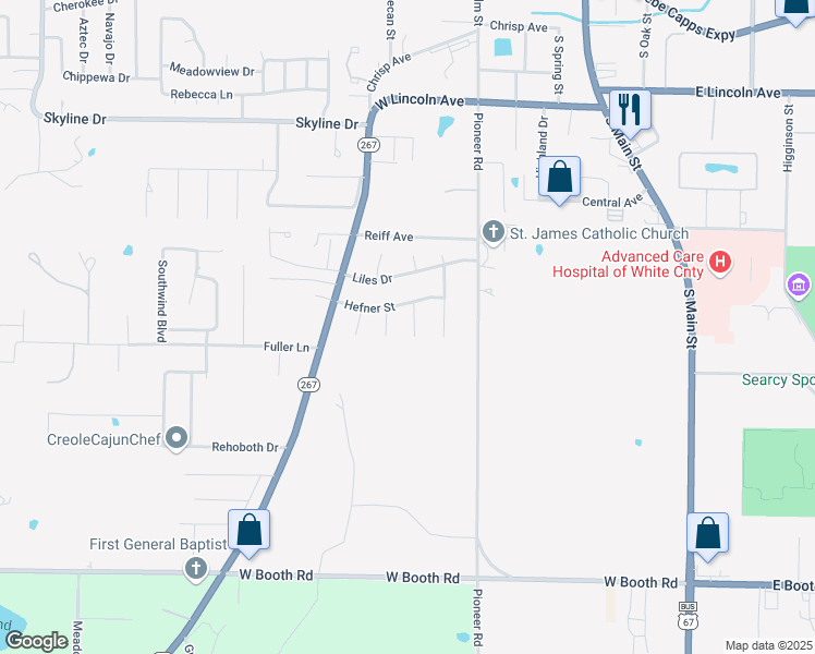 map of restaurants, bars, coffee shops, grocery stores, and more near 5 Lee Circle in Searcy