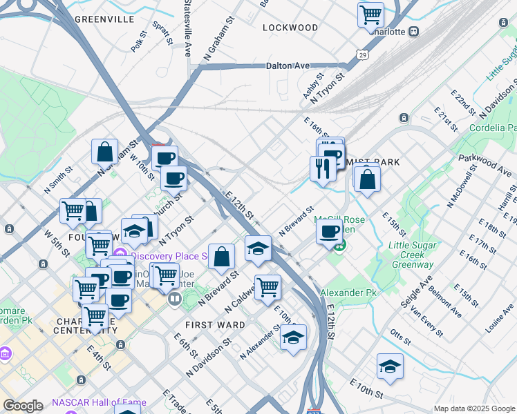 map of restaurants, bars, coffee shops, grocery stores, and more near 918 North College Street in Charlotte