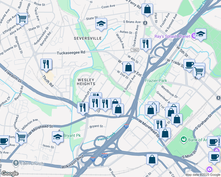 map of restaurants, bars, coffee shops, grocery stores, and more near 604 Grandin Road in Charlotte