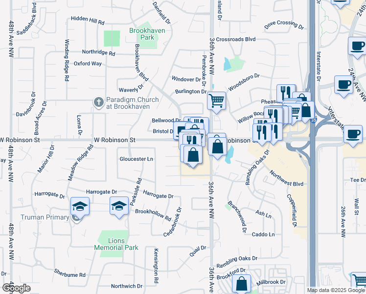 map of restaurants, bars, coffee shops, grocery stores, and more near 114 Brookhaven Boulevard in Norman