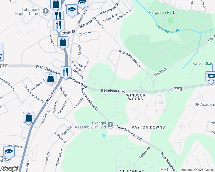 map of restaurants, bars, coffee shops, grocery stores, and more near 701 Efird Street in Gastonia
