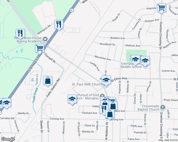 map of restaurants, bars, coffee shops, grocery stores, and more near 3890 North Watkins Street in Memphis