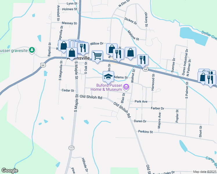 map of restaurants, bars, coffee shops, grocery stores, and more near 220 S Elm St in Adamsville