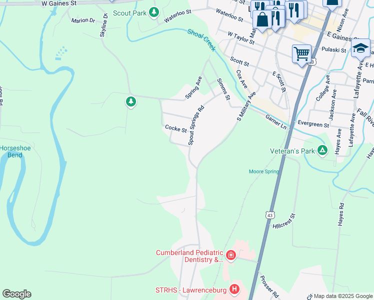map of restaurants, bars, coffee shops, grocery stores, and more near 901 Spout Springs Road in Lawrenceburg