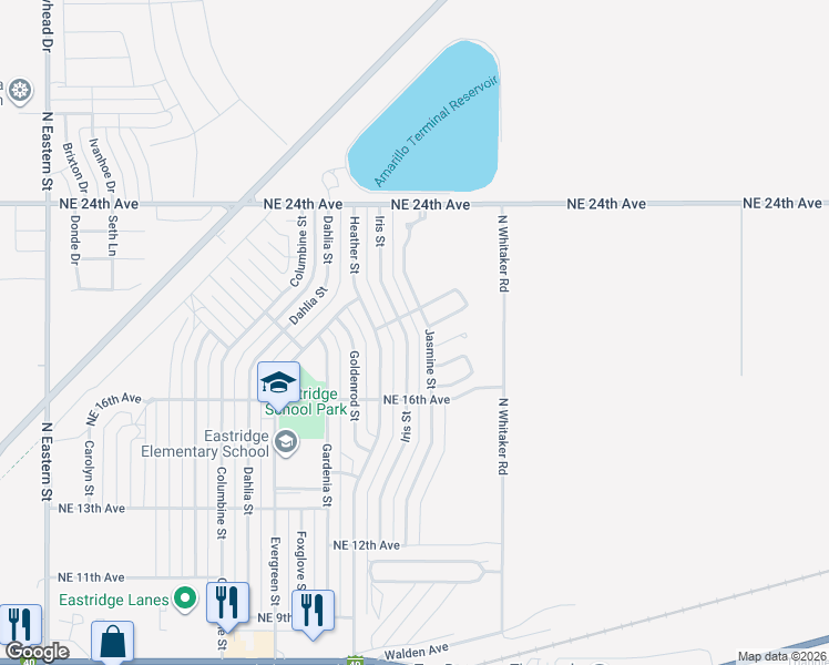 map of restaurants, bars, coffee shops, grocery stores, and more near 1807 Jasmine St in Amarillo