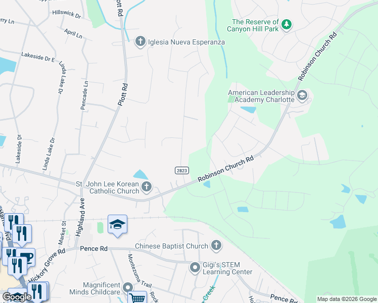 map of restaurants, bars, coffee shops, grocery stores, and more near 6704 Alanbrook Road in Charlotte