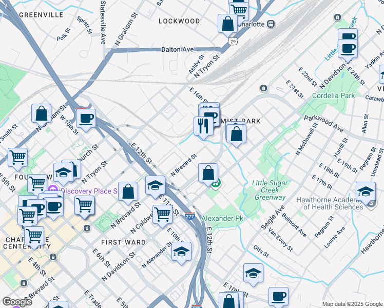 map of restaurants, bars, coffee shops, grocery stores, and more near 1000 North Brevard Street in Charlotte