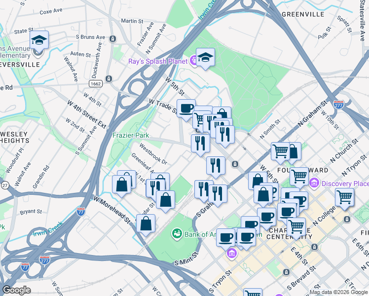 map of restaurants, bars, coffee shops, grocery stores, and more near in Charlotte