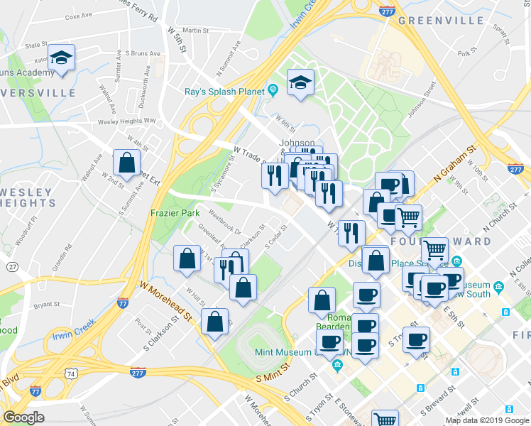 map of restaurants, bars, coffee shops, grocery stores, and more near 228 South Clarkson Street in Charlotte