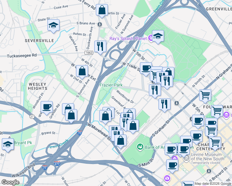 map of restaurants, bars, coffee shops, grocery stores, and more near in Charlotte