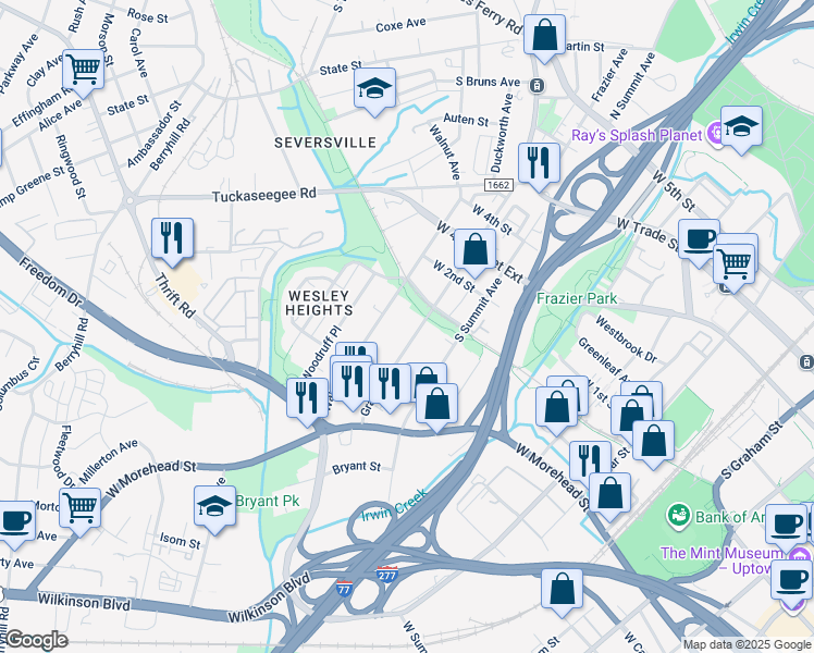 map of restaurants, bars, coffee shops, grocery stores, and more near 604 Grandin Road in Charlotte