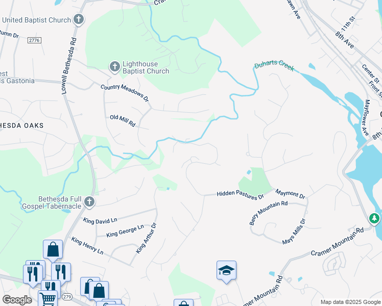 map of restaurants, bars, coffee shops, grocery stores, and more near 113 Flatrock Pastures in Cramerton