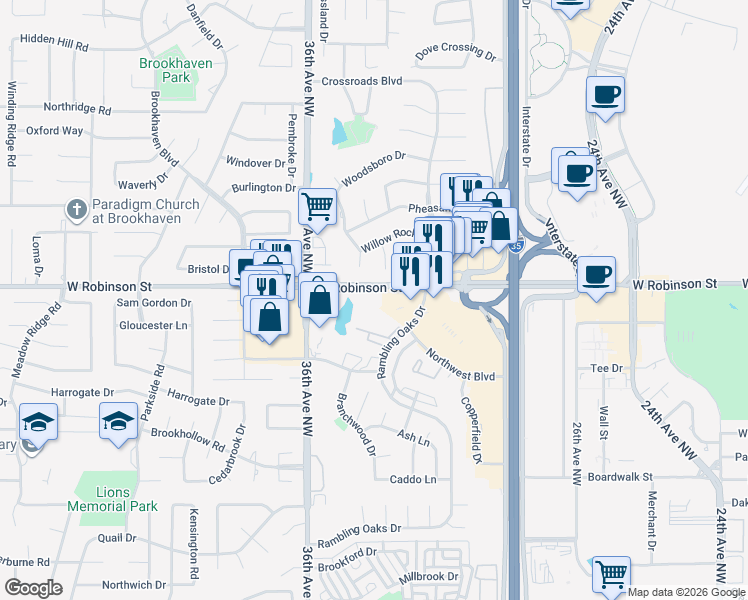 map of restaurants, bars, coffee shops, grocery stores, and more near 1060 Rambling Oaks Drive in Norman