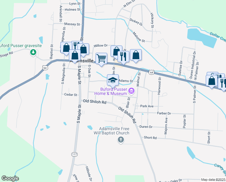 map of restaurants, bars, coffee shops, grocery stores, and more near 220 South Elm Street in Adamsville